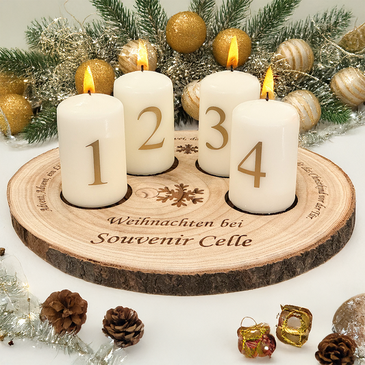 Adventskerzenhalter 🎄 Baumscheibe mit Gravur & Adventskerzen-Set