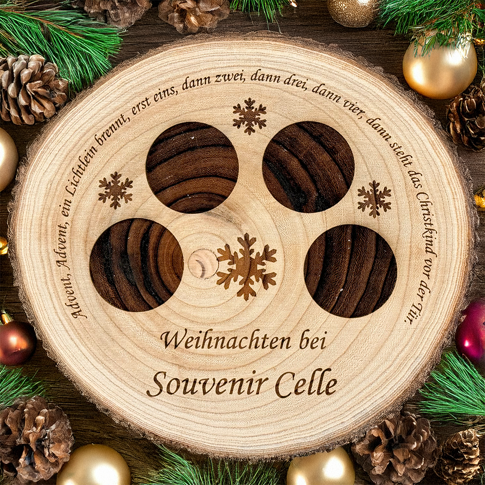 Adventskerzenhalter 🎄 Baumscheibe mit Gravur & Adventskerzen-Set